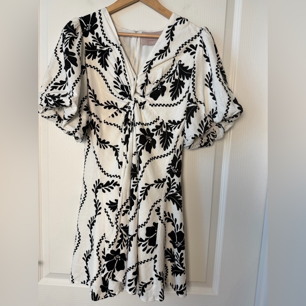 Black & White Floral Mini Dress with Puff Sleeves
